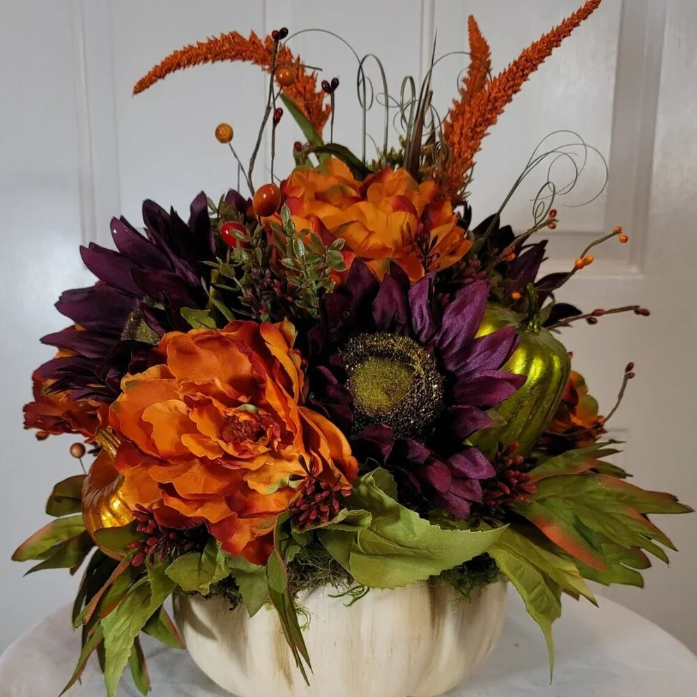 Fall Pumpkin with Purple Sunflowers & Orange Peonies Floral Arrangement - Medium